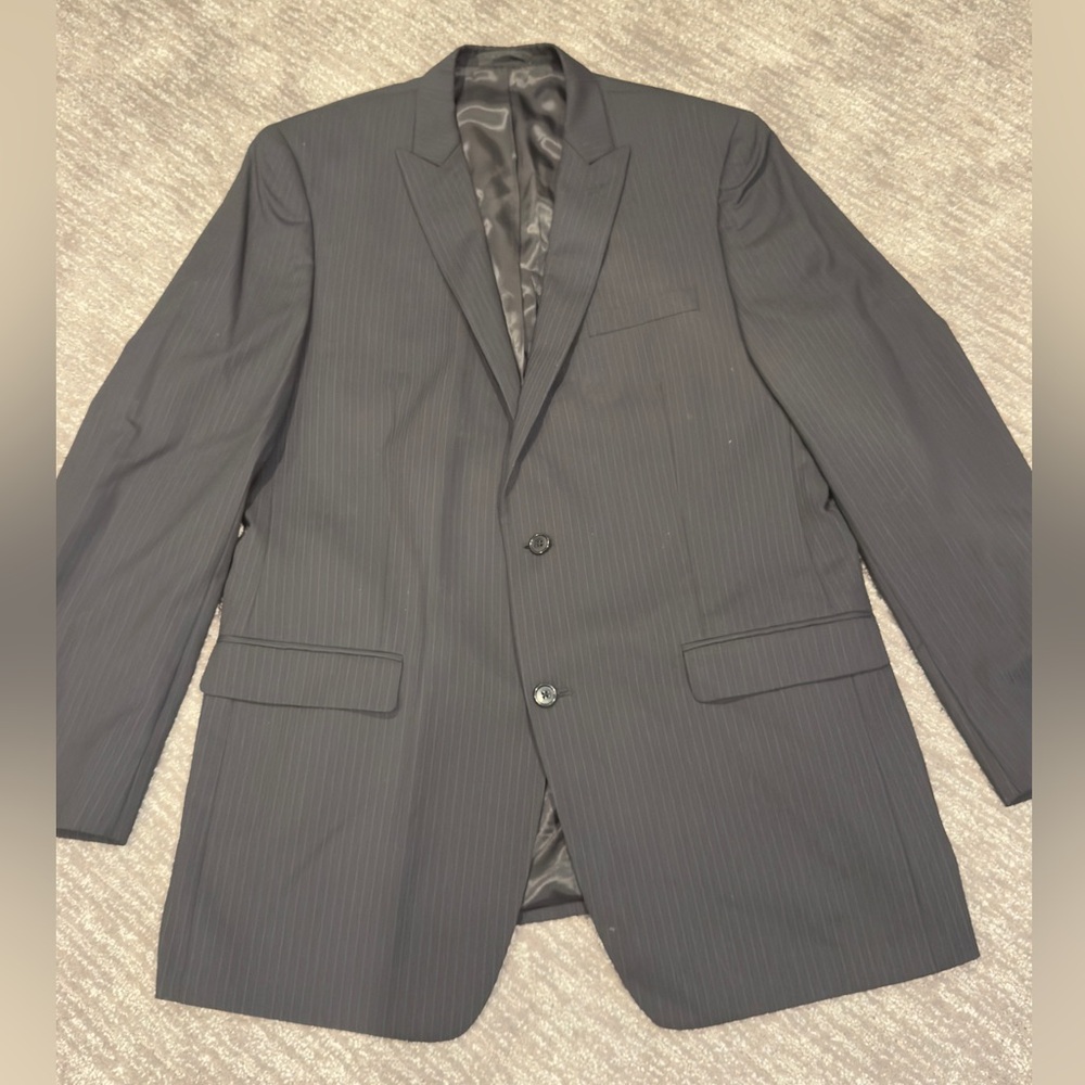 Calvin Klein 44XL 100% Wool Suit Jacket Coat Blazer Black Pinstripe